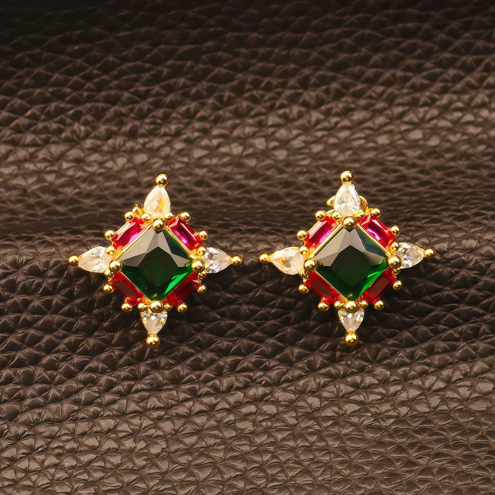 Kendra Scott Gold Plated Copper Dopamine Gem Inlaid Silver Stud Earrings Emerald